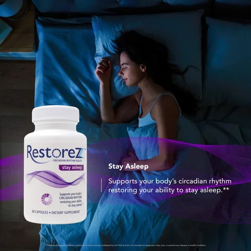 Vista 6 de RestoreZ Stay Asleep (60 cápsulas) Suplemento natural para dormir - Mantiene un sueño reparador durante toda la noche - Ayuda para dormir sin hábito