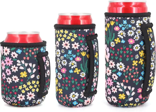 Vista 9 de 3 Pack de fundas aisladas reutilizables de neopreno con asa para soda, bebida energética, refresco, cerveza, seltzer duro, fundas para latas de 12
