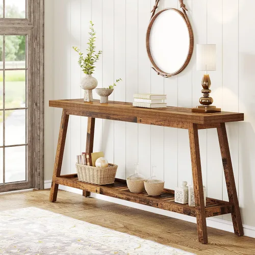 Vista 9 de Tribesigns - Mesa de consola de entrada estilo granja: mesa consola extralarga de 70.9 pulgadas para entrada, mesa de sofá de 2 niveles estrecha