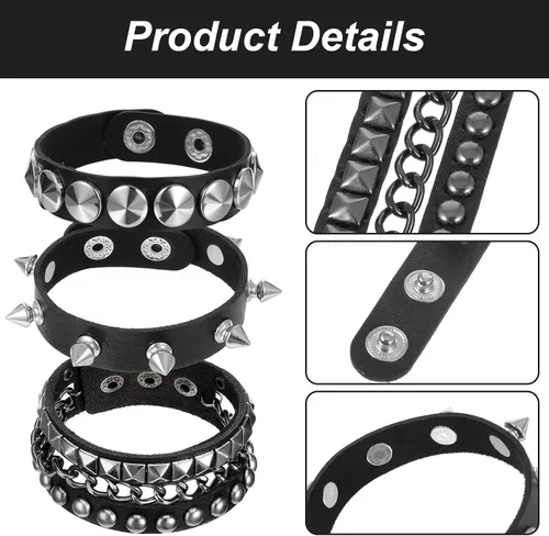 Vista 3 de Ptwola 3 pulseras de cuero punk rock con tachuelas, pulseras de joyería de cuero punk de los años 80, juego de pulseras góticas de los años 80