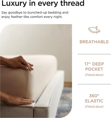 Vista 5 de Threadmill Sábanas de lujo de algodón Supima, sábanas de 100% algodón suave de 1000 hilos de lujo para cama tamaño matrimonial, juego de 4 sábanas