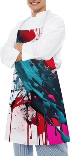 Vista 4 de MUSM Apron for Adults - 27.6 X 31.5 Inch, Heavy-Duty Polyester Aprons with Two Large Pockets, Waterproof Abstract Paint Splashes Kitchen Apron for