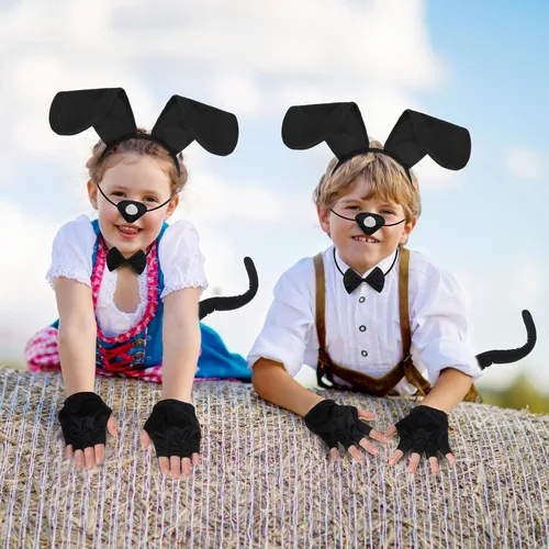Vista 5 de Syhood Conjunto de disfraz de perro para cachorro, diadema con orejas de perro, corbatín, nariz, cola, guantes, accesorios de disfraz de animales