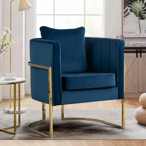 Vista 29 de Silla moderna de cuero, sillón tapizado de mediados de siglo con almohada para sala de estar, cómoda silla de tocador individual con patas doradas