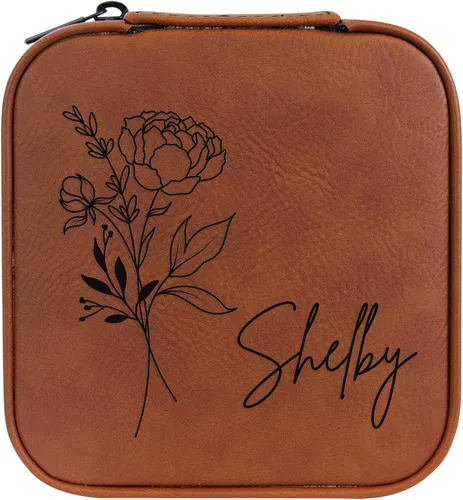 Vista 100 de Joyero de flores de nacimiento personalizado Estuche de viaje (cuero crudo, abril - guisante dulce)