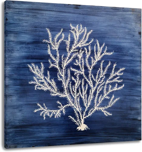 Vista 11 de Yihui Arts - Lienzo decorativo para pared de playa con diseño de bote azul y gris costero náutico cuadrado, pintura artística para decoración