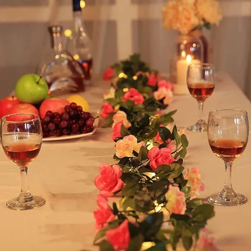 Vista 6 de Fielegen Guirnalda de luces artificiales de 30 LED, funciona con pilas de 9.84 pies de rosa de vid de hadas para el día de San Valentín, boda