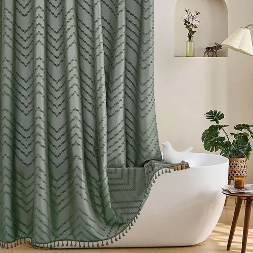 Vista 90 de Cortina de ducha Siiluminisoy de 36x72 beige, cortina de ducha de tela de tamaño pequeño, cortinas de ducha de tela con tufting, diseño chevron a