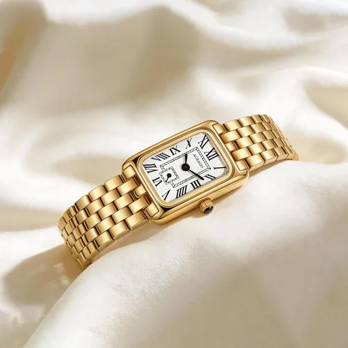 Vista 5 de Relojes dorados para mujer, pulsera vintage, esfera romana, rectangular, ultrafina, con herramienta de ajuste