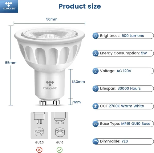 Vista 5 de Torkase - Bombilla LED GU10, atenuable MR16 2700K blanco cálido, 120V 500LM luz en riel 5W (equivalente a 50W), ahorro de energía del 90%, ángulo