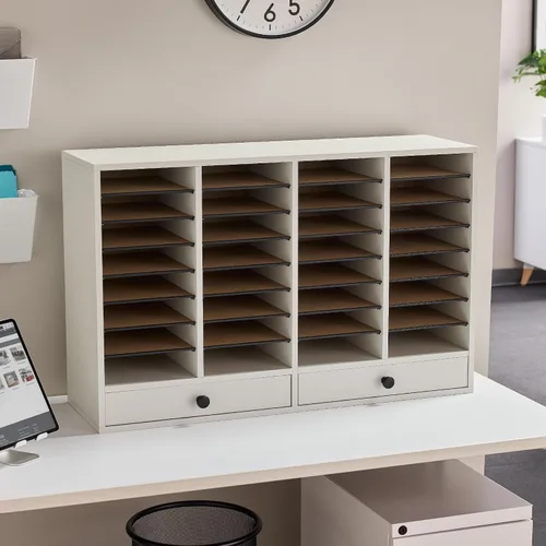 Vista 6 de Organizador para libros, hecho en madera y con compartimentos ajustables. Tamaño mediano., Gris