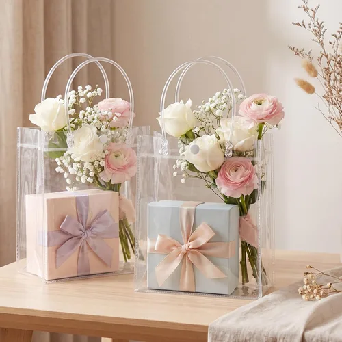 Vista 4 de Saintrygo 50 bolsas de regalo de plástico transparente con asas, bolsas de regalo de plástico reutilizables de PVC, bolsa de regalo de plástico