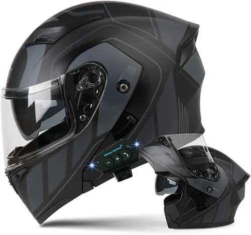 Vista 8 de Casco de motocicleta modular Bluetooth con aprobación DOT, antiempañamiento, doble visera, cara completa, abatible, con altavoz y micrófono