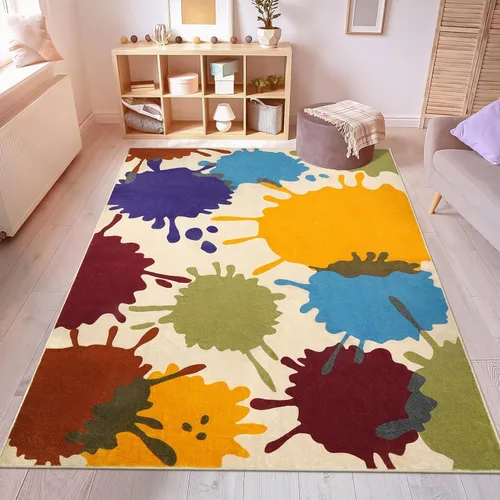 Vista 10 de STARUIA - Alfombra de huellas de manos y pies para niños para sala de juegos, alfombra de guardería lavable de 3 x 5 pies de colores para habitación