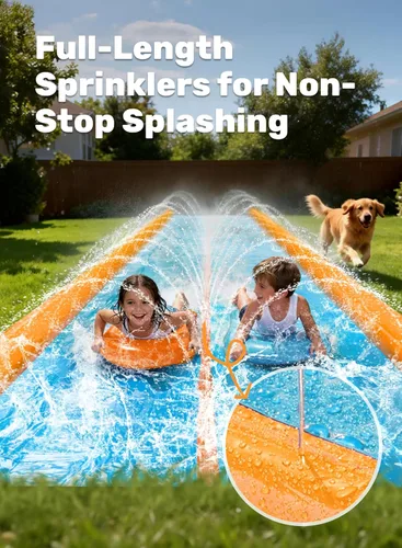 Vista 3 de Sloosh Tobogán acuático de doble carril, tobogán de agua resistente de 25 x 6 pies con aspersor y 2 tablas inflables para adultos y niños, fiesta