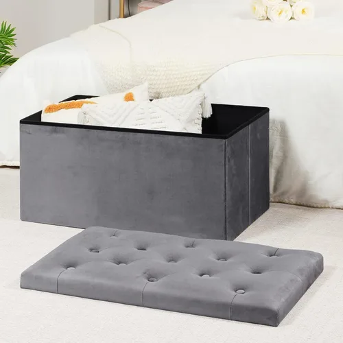 Vista 2 de B FSOBEIIALEO Otomana de Almacenamiento Plegable, Banco Largo de Zapatos Otomanas, Asiento Reposapiés de Cofre de Almacenamiento de Terciopelo Gris