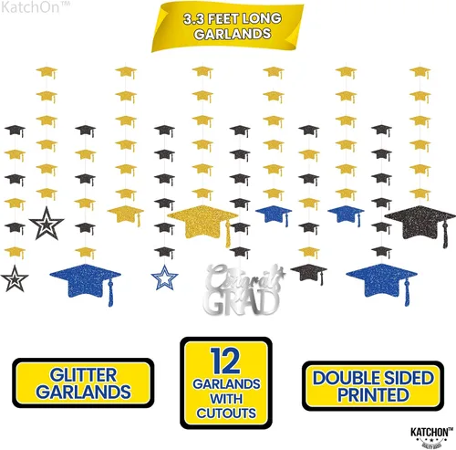 Vista 3 de KatchOn, Guirnalda de gorra de graduación con purpurina, 12 cuerdas, sin bricolaje, decoraciones de graduación azules y doradas 2025, decoraciones