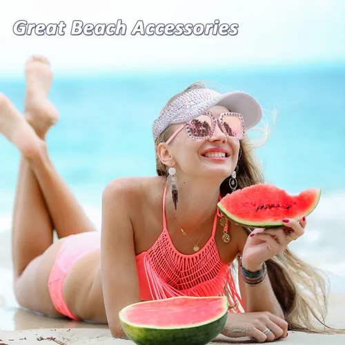 Vista 2 de Peicees Viseras brillantes con diamantes de imitación con lentes de sol cuadrados brillantes para mujeres y niñas, gorra deportiva para playa