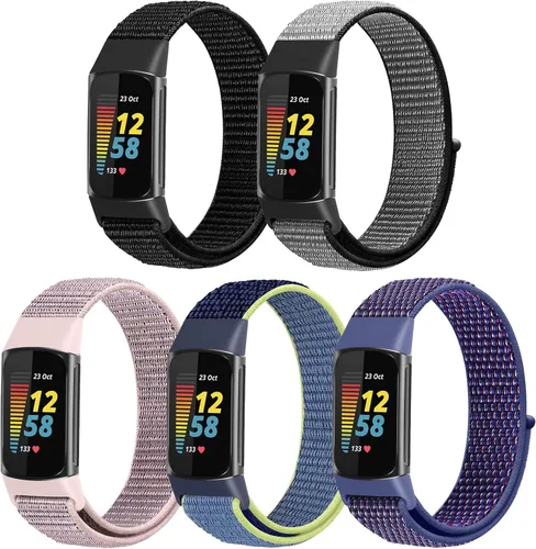 Vista 8 de Correas de reloj de nailon compatibles con Fitbit Charge 6/Charge 5, paquete de 5 correas de repuesto ajustables suaves y transpirables para Charge