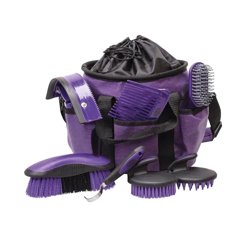 Vista 8 de Kit de aseo para caballos de cuero Weaver, juego de cepillos de 7 piezas con bolsa organizadora, cuidado equino, equipo de habitación para pistas