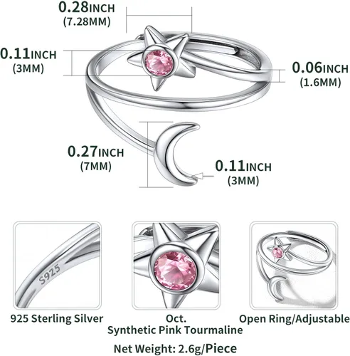 Vista 6 de ChicSilver Anillo de luna y estrella de plata de ley 925 con piedra natal luna creciente ajustable anillo de banda abierta regalo de cumpleaños