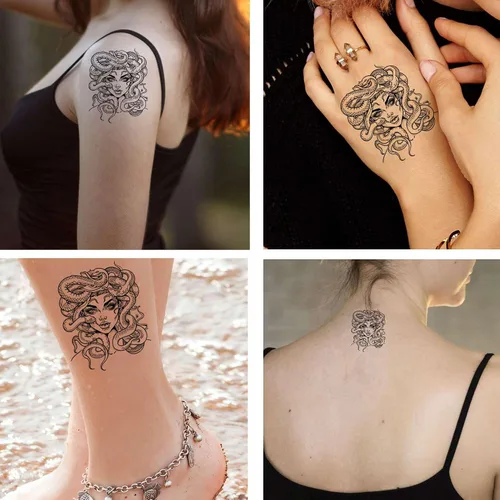 Vista 2 de 6 hojas de tatuajes falsos Medusa tatuajes temporales adecuados para adultos, mujeres, hombres, niños y niñas
