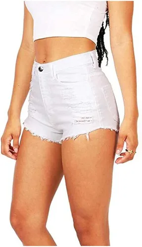 Vista 3 de Pantalones cortos de mezclilla de cintura alta para mujer, sexy, desgastados, para vacaciones, playa, pantalones cortos rasgados, con dobladillo sin