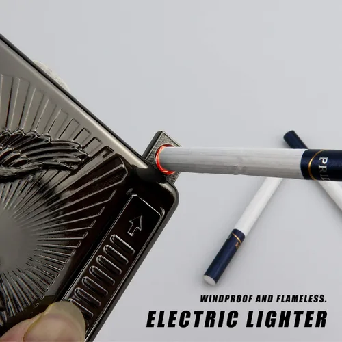 Vista 7 de Juego de 20 piezas de soporte de metal para cigarrillos, encendedor de arco con águila 3D recargable, encendedor de arco eléctrico, resistente al