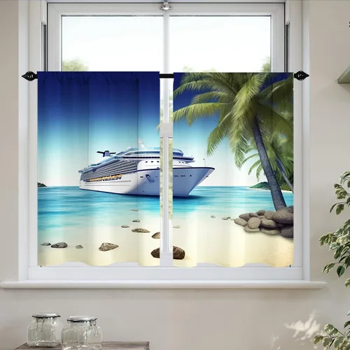 Vista 8 de Cortinas cortas de cocina con diseño náutico de tortugas marinas azules y playas, media cortina de baño para dormitorio, juego de 2 paneles de 27.5