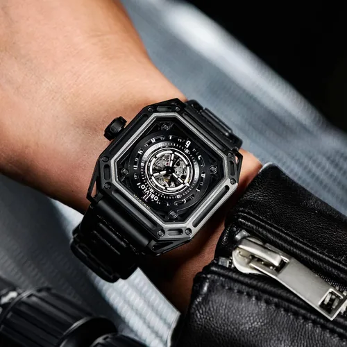 Vista 7 de Luxury Square Luminous Self-Wind Mens Watch Fashion Mechanical Automatic Waterproof Sport Watch Rubber Watch AK