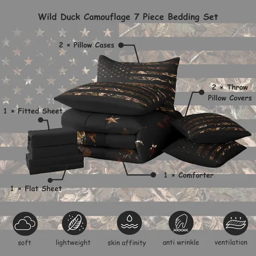 Vista 2 de Feelyou Juego de edredón botancial de camuflaje con bandera estadounidense Negro Marrón Oscuro