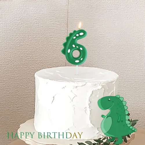 Vista 4 de Vela de cumpleaños verde 0, velas de dinosaurio de 2.76 pulgadas con número de fiesta temática para pastel