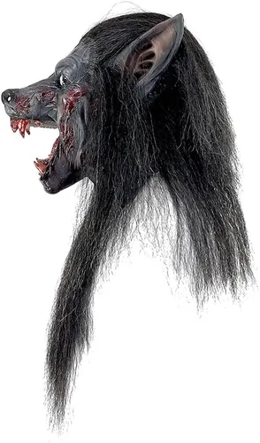 Vista 6 de Ghoulish Productions Máscara de lobo negro. Máscara de látex de lobo negro, máscara de lobo gruñido, máscara de criatura hombre lobo con piel negra.