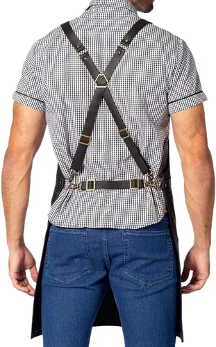 Vista 4 de Under NY Sky Delantal de cuero – correas cruzadas, pierna dividida, remachado, forrado – Piel auténtica para barberos, chef, camarero, barista Negro