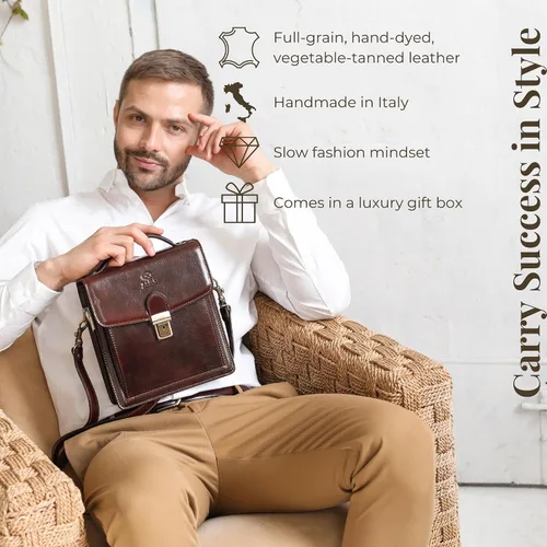 Vista 2 de Time Resistance Maletín pequeño de cuero para hombre - Bolso cruzado - Bolso bandolera de cuero italiano - Caja de regalo incluida