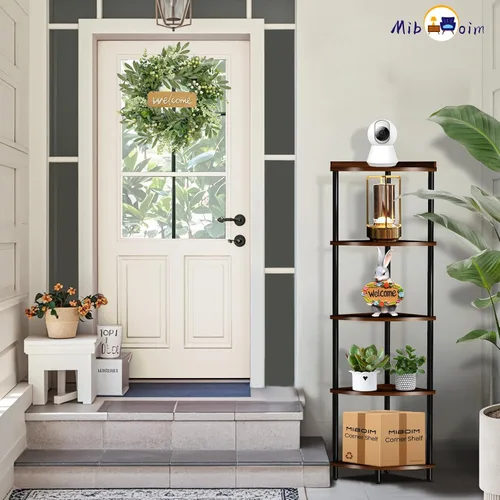 Vista 2 de Estante esquinero de madera de 5 niveles: estantería de esquina alta para sala de estar/dormitorio/baño/cocina/oficina en casa, estantes esquineros