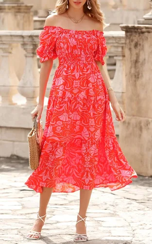 Vista 3 de PRETTYGARDEN Vestidos de verano con estampado floral bohemio para mujer, cuello cuadrado, manga abombada, acampanado, vestido largo casual fruncido