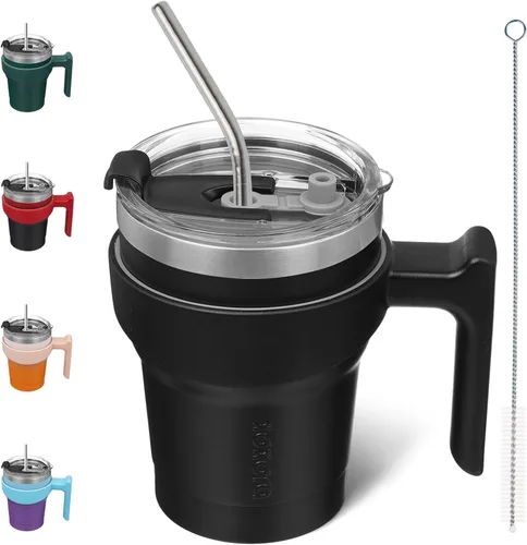 Vista 17 de BJPKPK Mini vaso de 10 onzas con tapa, popote y asa, taza de acero aislada
