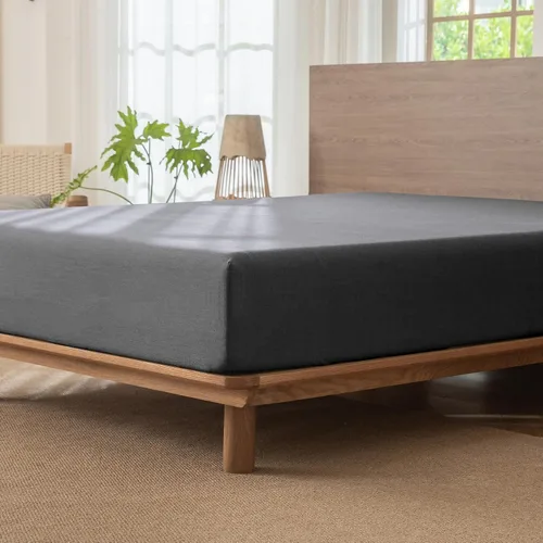 Vista 4 de MooMee Sábana bajera ajustable únicamente, 100% algodón lavado con textura tipo lino, transpirable, duradera, suave, cómoda, bolsillo profundo se