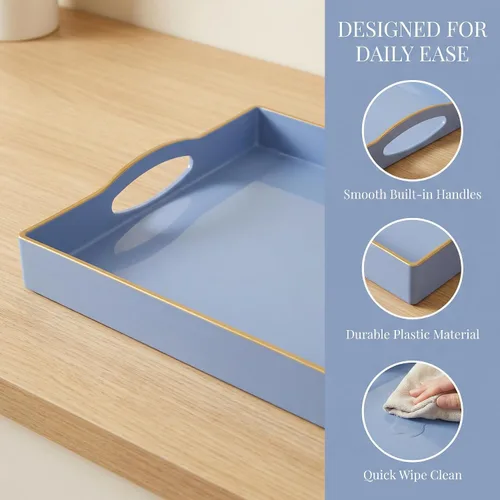Vista 3 de Bandeja de servir azul con 4 asas, bandeja decorativa de plástico para mesa de café, otomana - Ideal para sala de estar y baño. 15 x 11 x 1.9