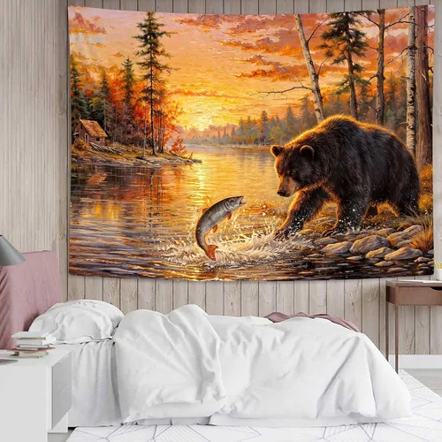 Vista 4 de DYNH Tapiz de pesca de oso negro, para colgar en la pared de cabaña de lago y puesta de sol, paisaje, naturaleza, bosque, tapiz para dormitorio