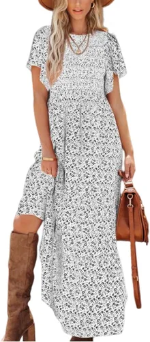 Vista 27 de PRETTYGARDEN - Vestido largo casual de verano para mujer, manga corta acampanada, bohemio, floral, cuello redondo, vestido blusón, escalonado
