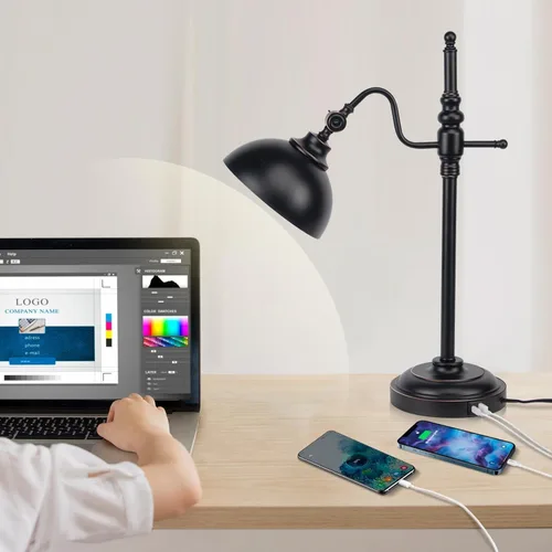 Vista 6 de Lámpara industrial de escritorio, lámpara de trabajo de metal negro con 2 puertos de carga USB, estilo vintage de granja para dormitorio, café
