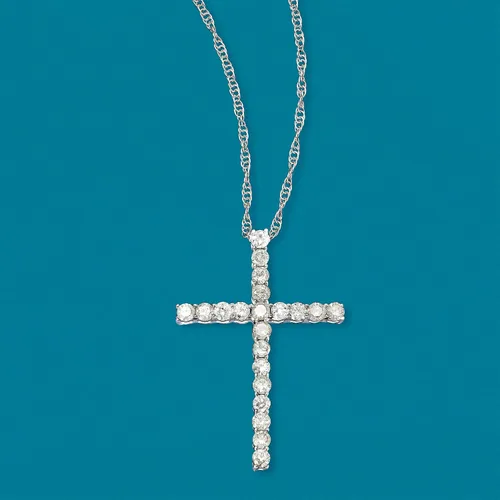 Vista 3 de Ross-Simons 1.00 ct. t.w. Diamond Cross Pendant Necklace in 14kt White Gold
