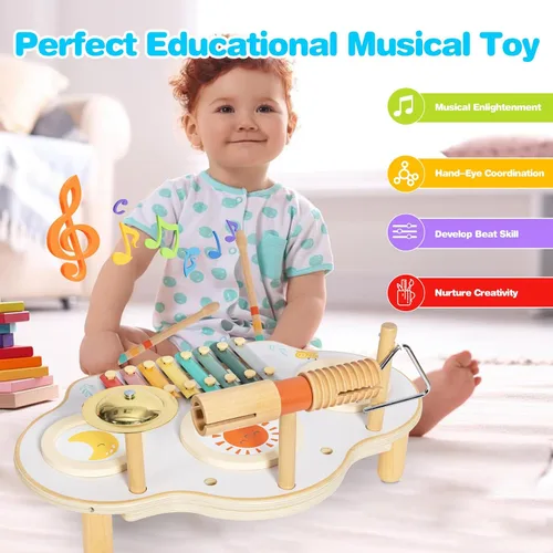 Vista 4 de Twefex Juego de batería para niños, juego de batería 9 en 1 para niños pequeños, instrumentos musicales Montessori, juguete para bebés, juguetes
