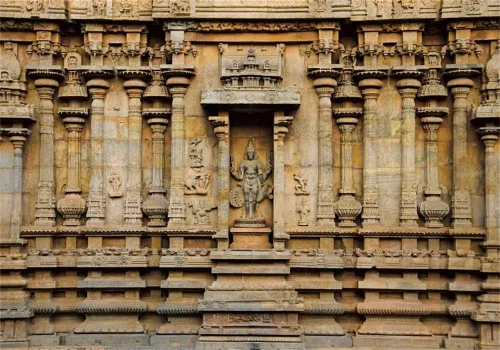 Vista 9 de AOFOTO Telón de fondo tallado de templo hindú de 5 x 4 pies de Thanjavur, antiguas columnas de templo Brihadishvara, ídolos tallados en fondo