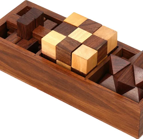 Vista 7 de Ajuny Set de juegos de rompecabezas de madera 3 en 1 - Rompecabezas 3D para adolescentes y adultos - Rompecabezas desafiantes de cerebro 3D
