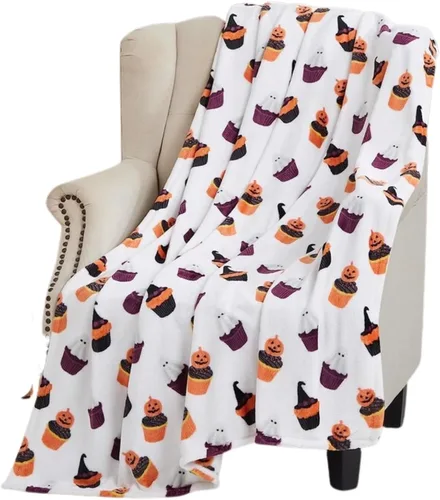 Vista 28 de Manta de forro polar de Halloween, murciélagos negros sobre fondo naranja, 50 x 70 pulgadas Ultra-soft cozy flannel fleece, for sofa couch bed