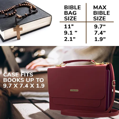 Vista 10 de DEHITE Funda para la Biblia para mujer, bolsa de transporte para la Biblia, ranuras para bolígrafos, bolsillo con cremallera, correa para el hombro