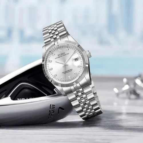 Vista 4 de BUREI Reloj automático para hombre, con fecha, pulsera de acero inoxidable, pulsera ajustable para hombre